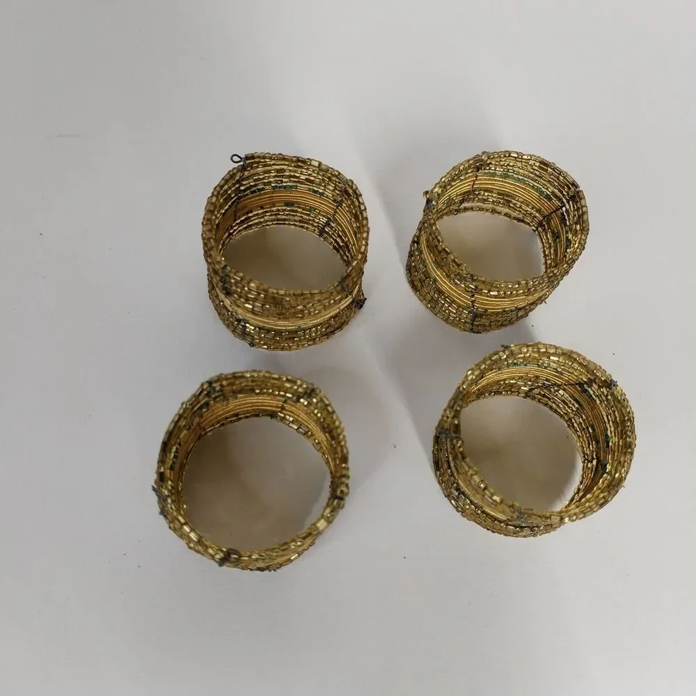 Pier One Set Of‎ 4 Beaded Napkin Rings Beautiful Green And Gold Metal Beads